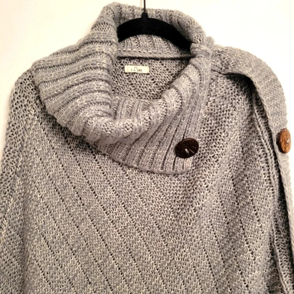 e LUNA gray knit split turtleneck pullover poncho sweater Women's OS warm cozy - Picture 3 of 7